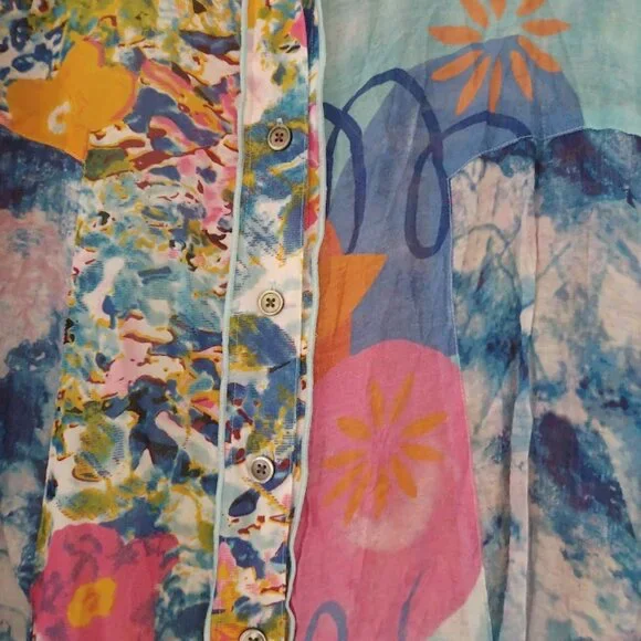 ohn Mark Women Small Sheer Tunic Blouse Abstract Floral Button Front Boho - Picture 5 of 7